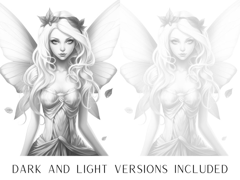 May include: A black and white illustration of a fairy with wings, wearing a dress and a crown of leaves. The image is in two versions, one with darker shading and one with lighter shading.