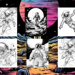 Pode incluir: Uma ilustra&ccedil;&atilde;o em preto e branco de um astronauta flutuando no espa&ccedil;o. O astronauta est&aacute; vestindo um traje espacial e um capacete. O astronauta est&aacute; cercado por estrelas e planetas.
