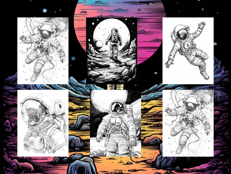 Pode incluir: Uma ilustra&ccedil;&atilde;o em preto e branco de um astronauta flutuando no espa&ccedil;o. O astronauta est&aacute; vestindo um traje espacial e um capacete. O astronauta est&aacute; cercado por estrelas e planetas.