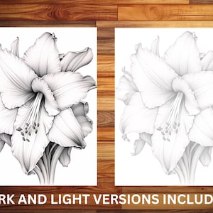 100 pages à colorier de fleurs élégantes - livre de coloriage pour adultes et enfants, niveaux de gris, feuilles de coloriage numériques, téléchargement immédiat, fichier PDF imprimable. image 6