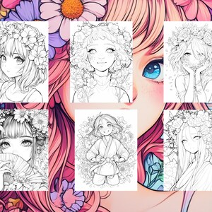 Puede incluir: Un conjunto de seis p&aacute;ginas para colorear en blanco y negro con chicas de estilo anime con coronas de flores y otros detalles florales.