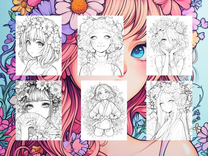 Puede incluir: Un conjunto de seis p&aacute;ginas para colorear en blanco y negro con chicas de estilo anime con coronas de flores y otros detalles florales.