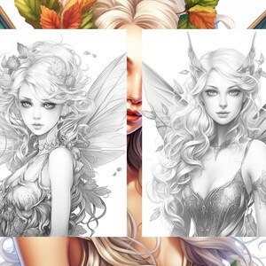 May include: A black and white line drawing of a fairy with wings, long hair, and a floral crown. The fairy is wearing a detailed bodice and has a delicate necklace.