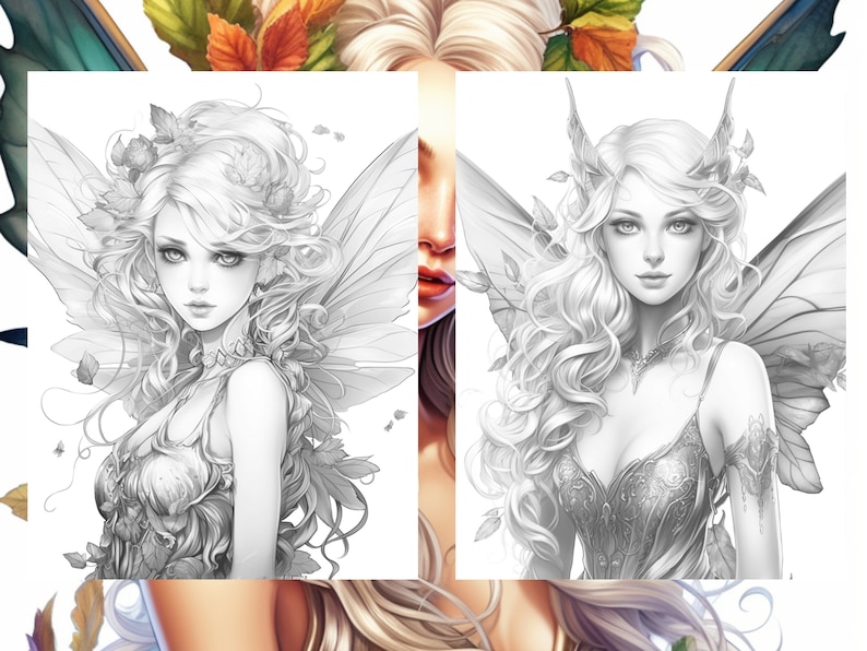 May include: A black and white line drawing of a fairy with wings, long hair, and a floral crown. The fairy is wearing a detailed bodice and has a delicate necklace.