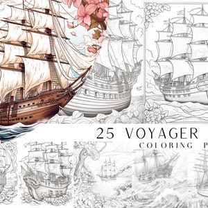 25 Voyager Ship Coloring Pages - Adult And Kids Coloring Book, Greyscale, Digital Coloring Sheets, Instant Download, Printable PDF File.
