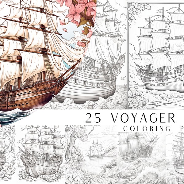 25 Voyager Ship Coloring Pages - Adult And Kids Coloring Book, Greyscale, Digital Coloring Sheets, Instant Download, Printable PDF File.