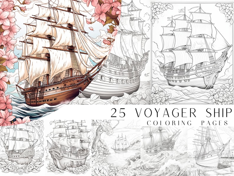 25 Voyager Ship Coloring Pages Adult and Kids Coloring Book, Greyscale ...