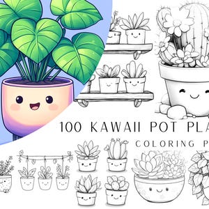 100 páginas para colorear de plantas en macetas kawaii: descarga instantánea en formato PDF, hojas imprimibles, libro para colorear, lindas suculentas y macetas kawaii