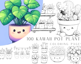 100 Kawaii Pot Plant Coloring Pages - Instant Digital PDF Download, Printable Sheets, Coloring Book, Cute Kawaii Succulents and Flower Pots