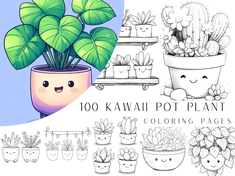 May include: A coloring book featuring 100 kawaii pot plant illustrations. The cover shows a cartoon potted plant with a smiling face and green leaves. The text "100 Kawaii Pot Plant Coloring Pages" is written in black letters on a white background.