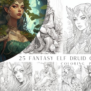 25 Fantasy Elfen Druiden Mädchen Malseiten - Erwachsene und Kinder Malbuch, Fantasy Färbung Blätter, sofortiger Download, druckbare PDF-Datei.