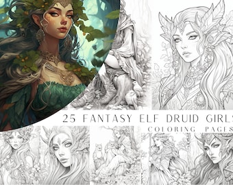 25 kleurplaten fantasie elf druïde meisje - kleurboek voor volwassenen en kinderen, fantasie kleurplaten, direct downloaden, afdrukbaar pdf-bestand.