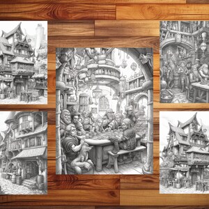May include: A black and white illustration of a fantasy tavern interior with a group of people sitting at a table. The tavern is filled with details, including a fireplace, a bar, and a variety of furniture.