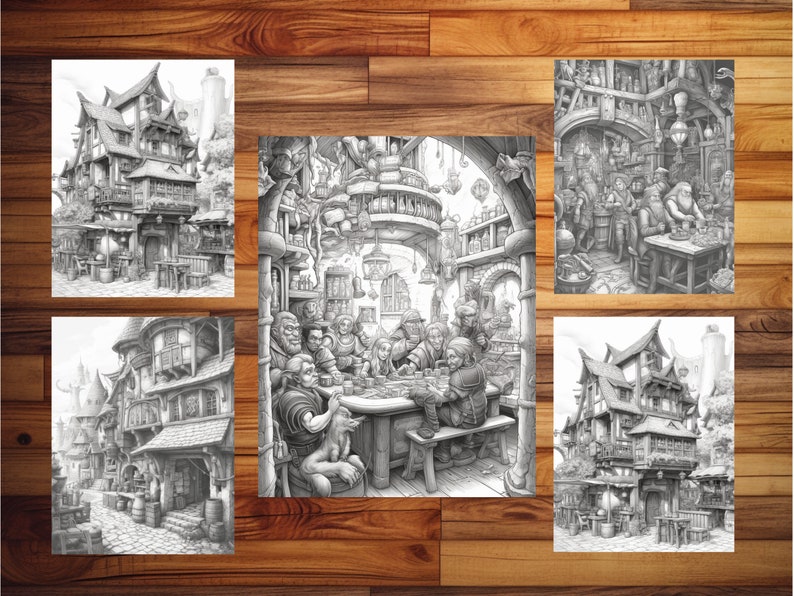 May include: A black and white illustration of a fantasy tavern interior with a group of people sitting at a table. The tavern is filled with details, including a fireplace, a bar, and a variety of furniture.