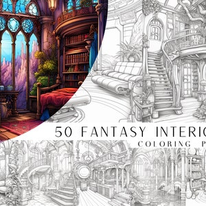 50 Fantasy Interior Malseiten - Malbuch für Erwachsene und Kinder, Fantasy Malvorlagen, sofortiger Download, druckbare PDF-Datei.