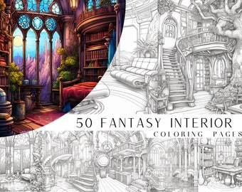 50 Fantasy Interior Coloring Pages - Adult And Kids Coloring Book, Fantasy Coloring Sheets, Instant Download, Printable PDF File.