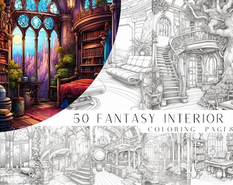 50 Fantasy Interior Coloring Pages - Adult And Kids Coloring Book, Fantasy Coloring Sheets, Instant Download, Printable PDF File.