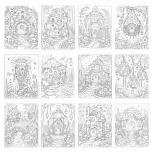 May include: A collection of twelve black and white line art illustrations featuring intricate fairy tale dwellings, including tree houses, mushroom homes, and lantern-style cottages surrounded by detailed botanical elements, flowers, and forest foliage.
