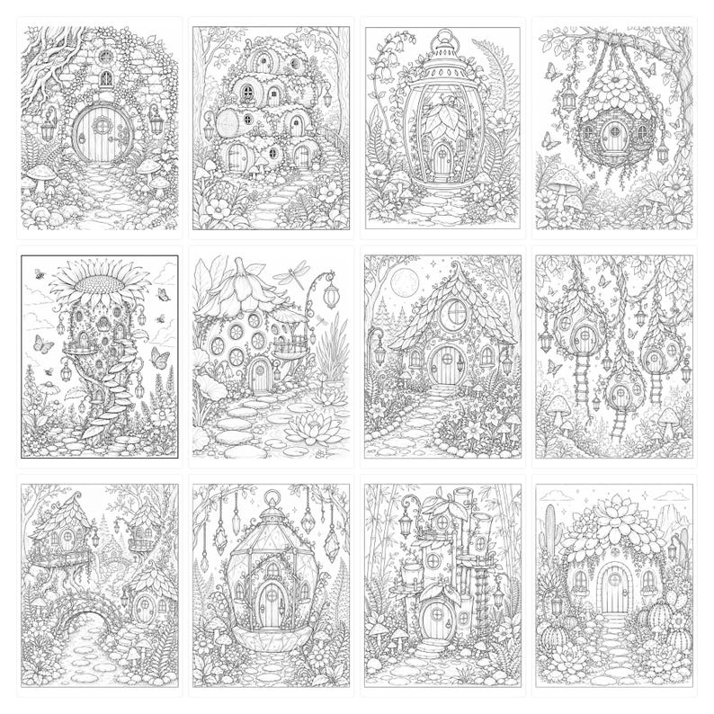 May include: A collection of twelve black and white line art illustrations featuring intricate fairy tale dwellings, including tree houses, mushroom homes, and lantern-style cottages surrounded by detailed botanical elements, flowers, and forest foliage.