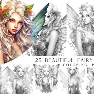 May include: A set of 25 coloring pages featuring beautiful fairy illustrations. Each page depicts a fairy with intricate wings and delicate features. The fairies are surrounded by flowers and leaves, creating a whimsical and magical atmosphere.  25 BEAUTIFUL FAIRY COLORING PAGES.