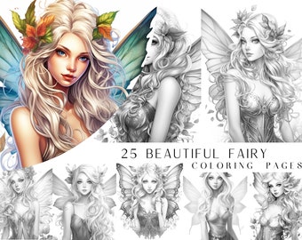 25 Beautiful Fairy Coloring Pages - Adult Coloring Book, Fantasy Coloring Sheets, Instant Download, Printable PDF File.