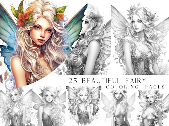 25 Beautiful Fairy Coloring Pages - Adult Coloring Book, Fantasy Coloring Sheets, Instant Download, Printable PDF File.