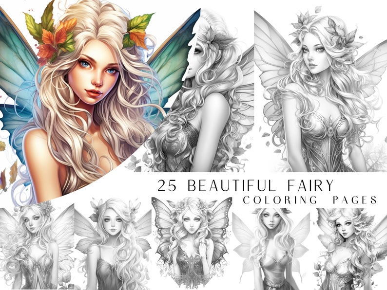 May include: A set of 25 coloring pages featuring beautiful fairy illustrations. Each page depicts a fairy with intricate wings and delicate features. The fairies are surrounded by flowers and leaves, creating a whimsical and magical atmosphere.  25 BEAUTIFUL FAIRY COLORING PAGES.