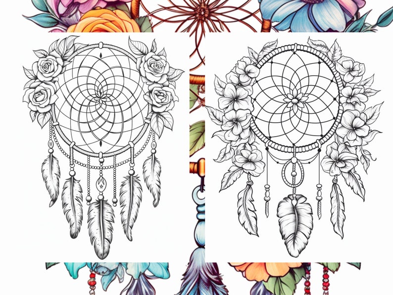 May include: Two black and white line drawings of dreamcatchers with feathers and flowers. The dreamcatchers are circular with a web-like pattern in the center. The flowers are stylized and have petals.