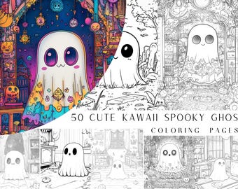 50 schattige kawaii-spookachtige spookkleurplaten - kleurboek voor kinderen en volwassenen, kleurplaat in grijswaarden, direct downloaden, afdrukbaar pdf-bestand