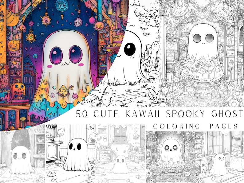 May include: 50 Cute Kawaii Spooky Ghost Coloring Pages.  A set of coloring pages featuring cute ghost illustrations in various poses and settings.  The ghosts are drawn in a kawaii style with big eyes and friendly expressions.  The coloring pages are perfect for kids and adults who love to color and celebrate Halloween.