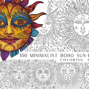 May include: A set of 100 minimalist boho sun-face coloring pages. The pages feature a variety of sun faces with different expressions and details. The sun faces are surrounded by stars, swirls, and other decorative elements. The coloring pages are perfect for adults and children who enjoy coloring and doodling.