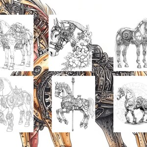 May include: A collage of six black and white line drawings of steampunk horses. Each horse is depicted with intricate mechanical details, including gears, pipes, and other industrial elements. The horses are in various poses, including standing, running, and rearing up.