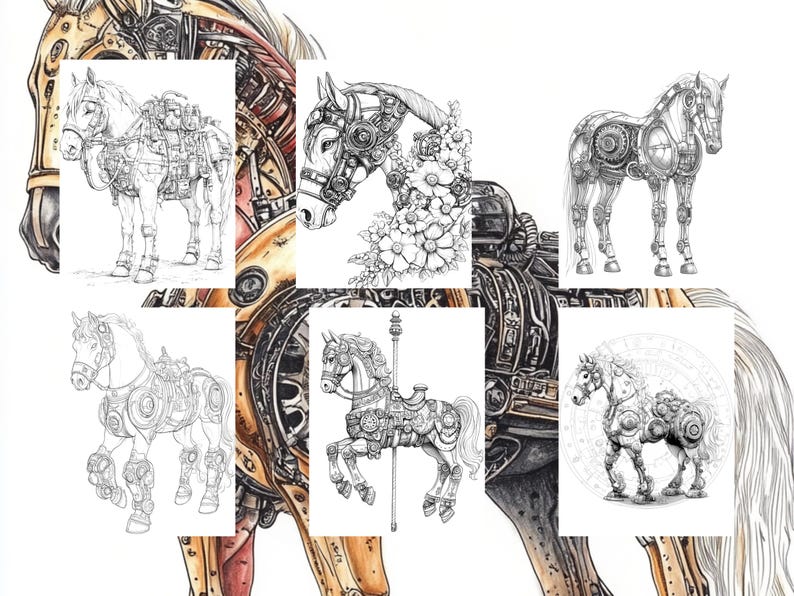 May include: A collage of six black and white line drawings of steampunk horses. Each horse is depicted with intricate mechanical details, including gears, pipes, and other industrial elements. The horses are in various poses, including standing, running, and rearing up.