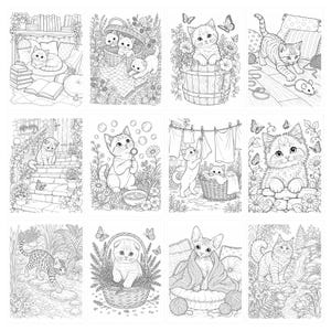May include: A collection of twelve black and white line art illustrations featuring various kittens in diverse settings, including gardens, laundry rooms, and cozy indoor spaces, designed for coloring with intricate floral and household details.