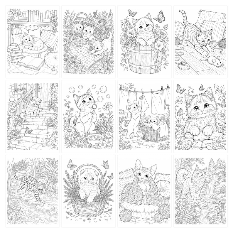 May include: A collection of twelve black and white line art illustrations featuring various kittens in diverse settings, including gardens, laundry rooms, and cozy indoor spaces, designed for coloring with intricate floral and household details.