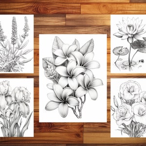 100 pages à colorier de fleurs élégantes - livre de coloriage pour adultes et enfants, niveaux de gris, feuilles de coloriage numériques, téléchargement immédiat, fichier PDF imprimable. image 4