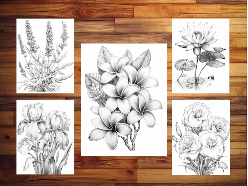 100 pages à colorier de fleurs élégantes - livre de coloriage pour adultes et enfants, niveaux de gris, feuilles de coloriage numériques, téléchargement immédiat, fichier PDF imprimable. image 4