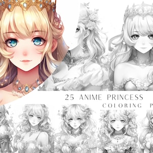 25 Anime Princess Coloring Pages - Adult And Kids Coloring Book, Fantasy Coloring Sheets, Instant Download, Printable PDF File.