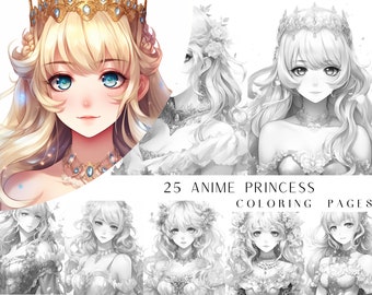 25 Anime Princess Coloring Pages - Adult And Kids Coloring Book, Fantasy Coloring Sheets, Instant Download, Printable PDF File.
