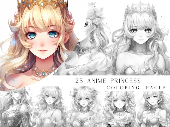 25 Anime Princess Coloring Pages - Adult And Kids Coloring Book, Fantasy Coloring Sheets, Instant Download, Printable PDF File.