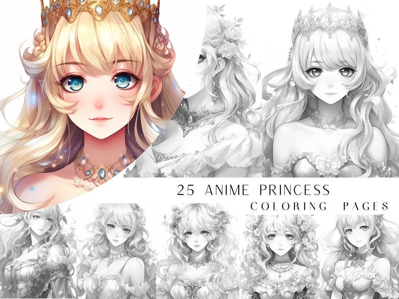 May include: A set of 25 black and white coloring pages featuring anime princesses. The princesses are drawn in a variety of poses and expressions, with intricate details in their hair, clothing, and accessories.  The pages are perfect for adults and children who enjoy coloring.