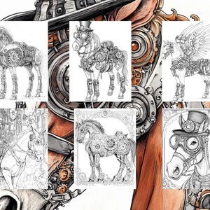 May include: A collection of six black and white line drawings of steampunk horses. Each horse is adorned with intricate gears, cogs, and other mechanical details. The horses are depicted in various poses, including standing, running, and flying.