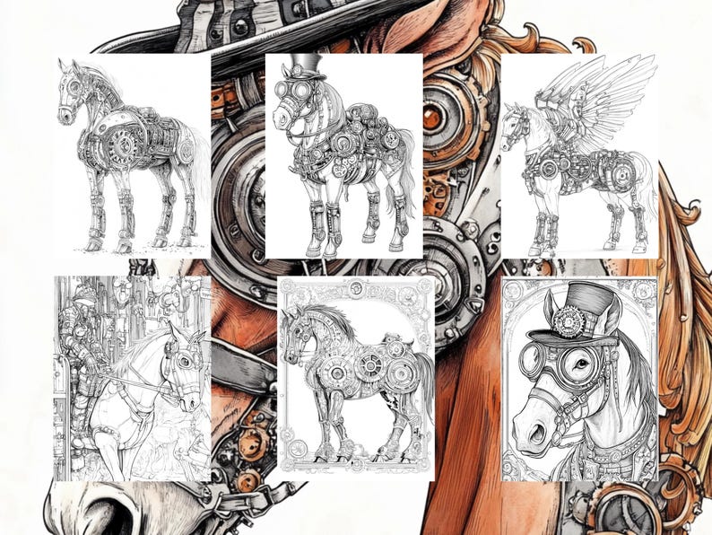 May include: A collection of six black and white line drawings of steampunk horses. Each horse is adorned with intricate gears, cogs, and other mechanical details. The horses are depicted in various poses, including standing, running, and flying.