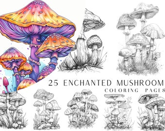 25 Enchanted Mushroom Coloring Pages - Adult And Kids Coloring Book, Greyscale, Coloring Sheets, Instant Download, Printable PDF File.
