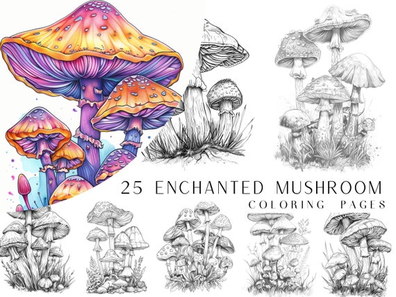 25 Enchanted Mushroom Coloring Pages - Adult And Kids Coloring Book, Greyscale, Coloring Sheets, Instant Download, Printable PDF File.