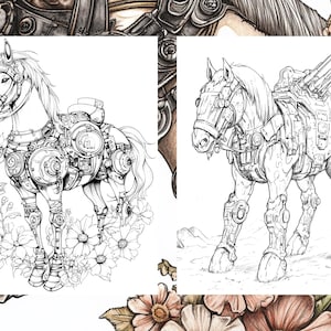 May include: A black and white line drawing of a mechanical horse with intricate details. The horse is wearing armor and has a saddle with a large cannon on top. The horse is standing in a field of flowers.