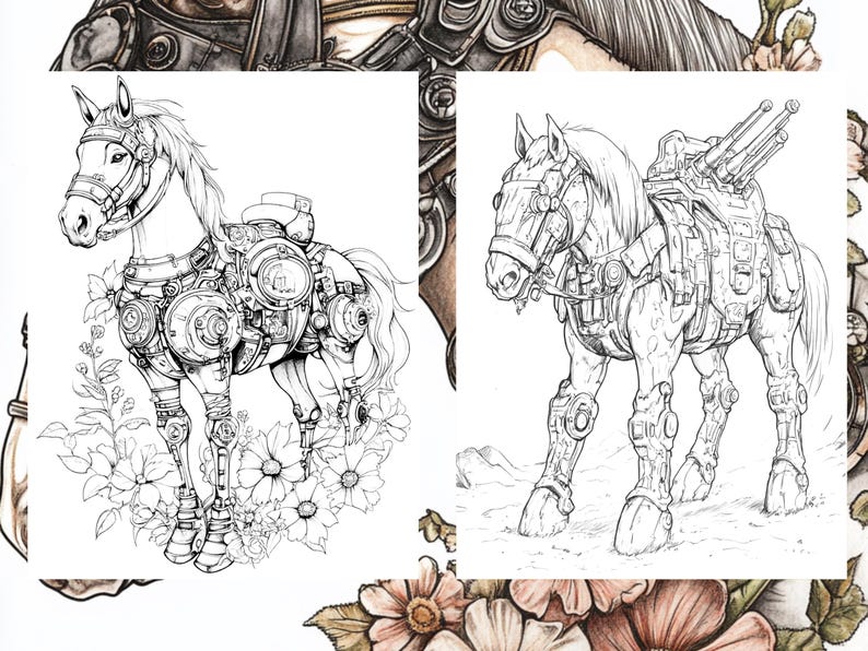 May include: A black and white line drawing of a mechanical horse with intricate details. The horse is wearing armor and has a saddle with a large cannon on top. The horse is standing in a field of flowers.