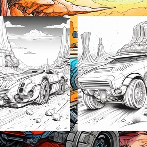 May include: A black and white line drawing of two futuristic cars in a desert landscape. The cars have large wheels and are detailed with lines and curves. The background features mountains and a cloudy sky.
