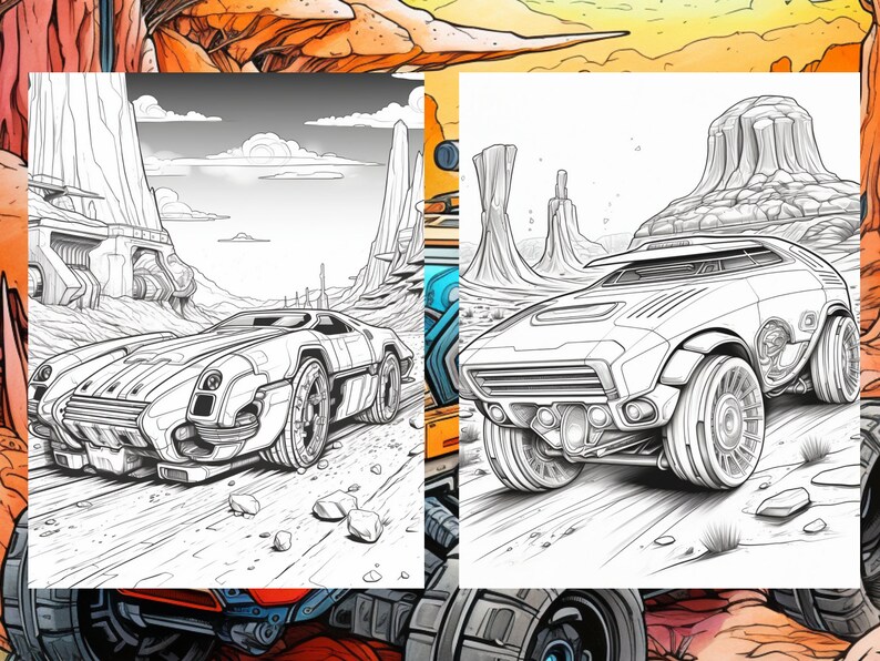 May include: A black and white line drawing of two futuristic cars in a desert landscape. The cars have large wheels and are detailed with lines and curves. The background features mountains and a cloudy sky.