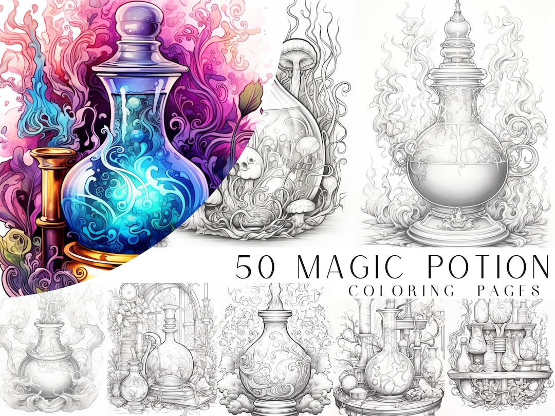 50 Magic Potion Coloring Pages Adult and Kids Coloring Book, Fantasy